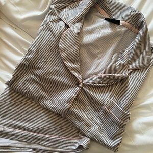 Gray & White Striped Pajama Set with Blush Trim – Button Front